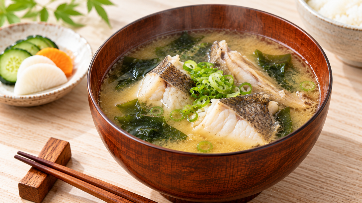 アイナメの身やアラ、わかめを入れた味噌汁・潮汁の料理写真