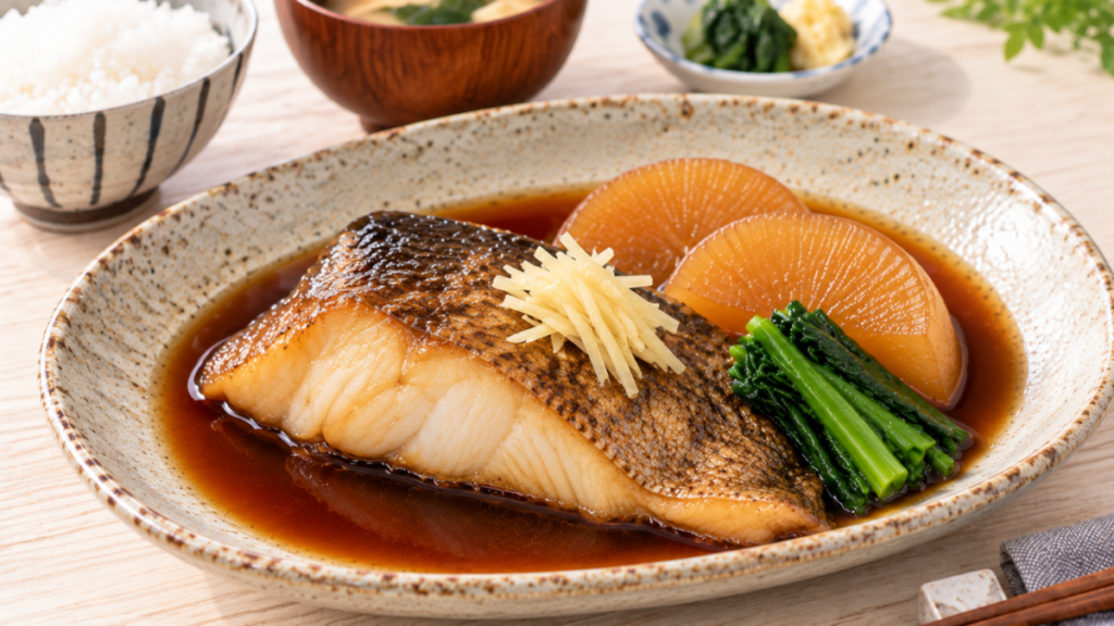 アイナメの切り身を大根や青菜と一緒に煮付けた料理写真