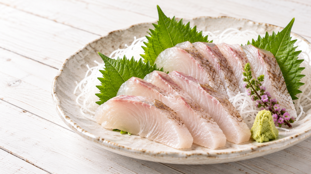 アイナメの刺身を大葉と大根のつま、わさびと一緒に盛り付けた料理写真