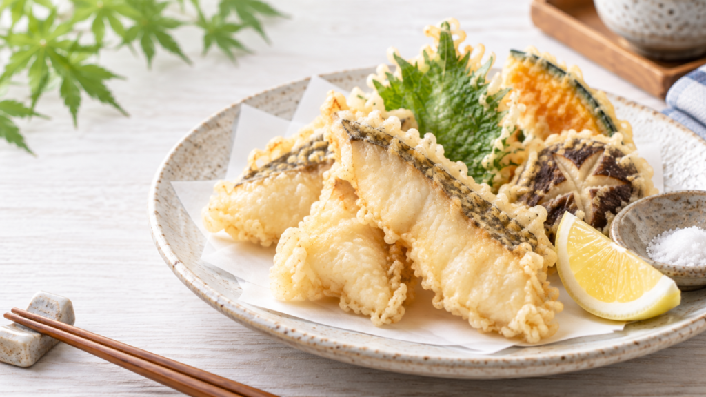 アイナメの天ぷらを大葉や野菜の天ぷら、レモンと一緒に盛り付けた料理写真