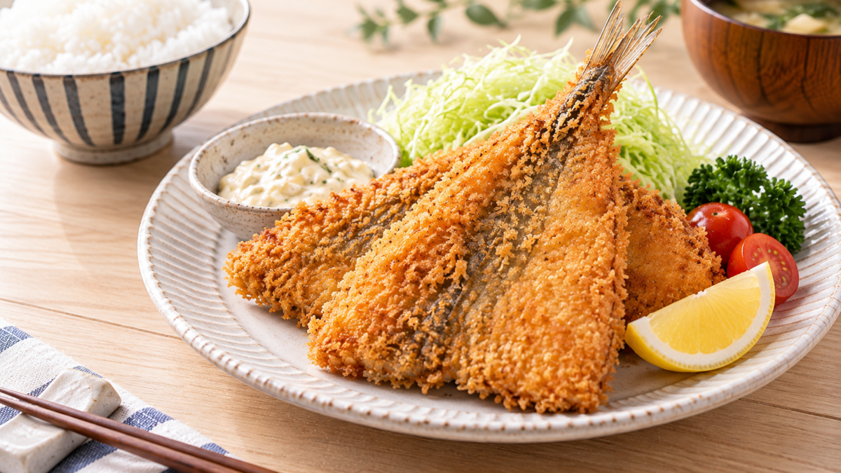 揚げたアジフライをキャベツやトマト、レモンと一緒に盛り付けた料理写真