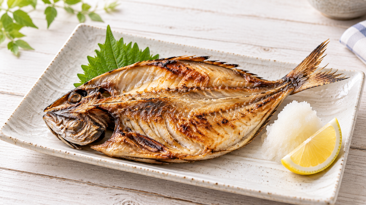 焼いたアジの開き干物を大根おろしとレモンと一緒に盛り付けた料理写真