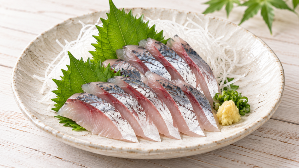 アジの刺身を大葉と大根のつま、薬味と一緒に盛り付けた料理写真