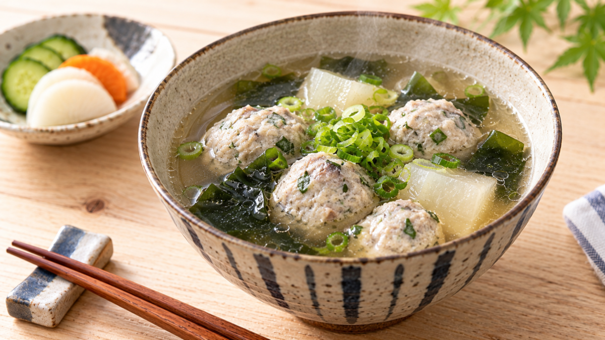 アジのつみれと大根やわかめを入れた汁物の料理写真