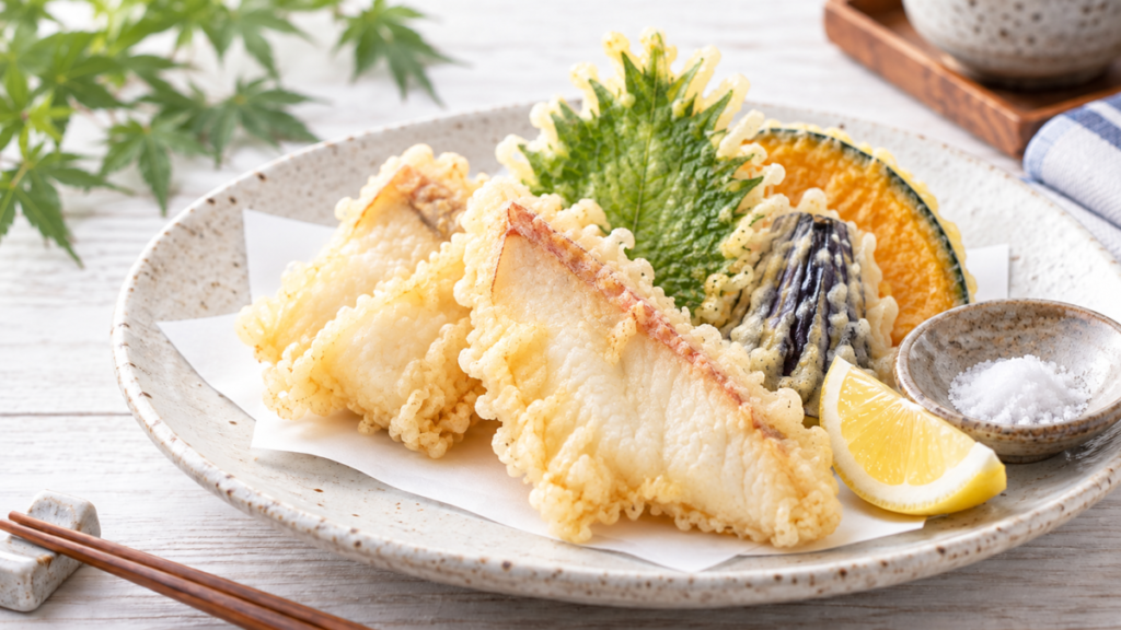 アマダイの天ぷらを大葉や野菜の天ぷら、レモンと一緒に盛り付けた料理写真