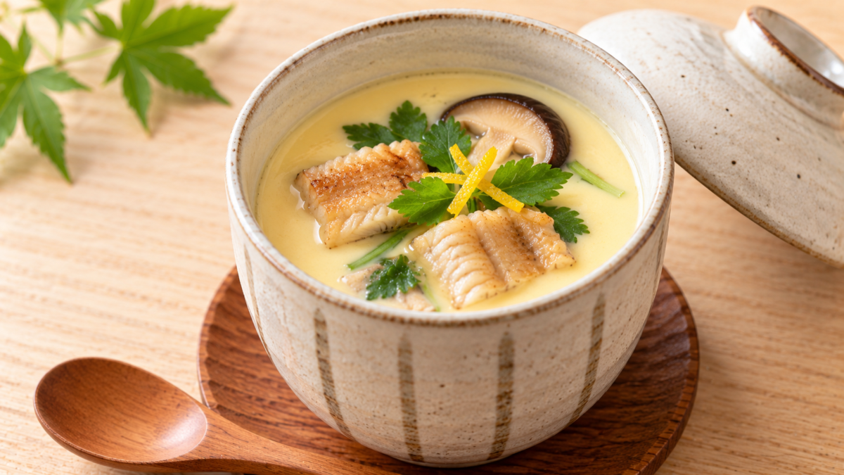 アナゴの身としいたけをのせた茶碗蒸しの料理写真