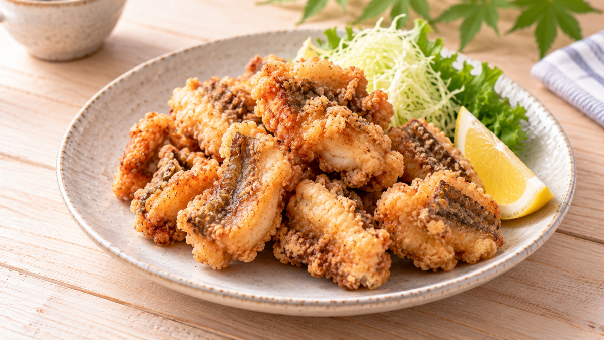 一口大に揚げたアナゴの唐揚げをキャベツやレモンと盛り付けた料理写真