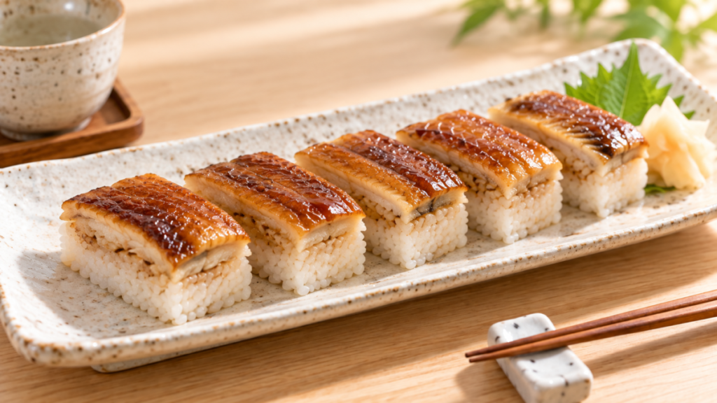 煮たアナゴをのせた押し寿司を切り分けて皿に並べた料理写真