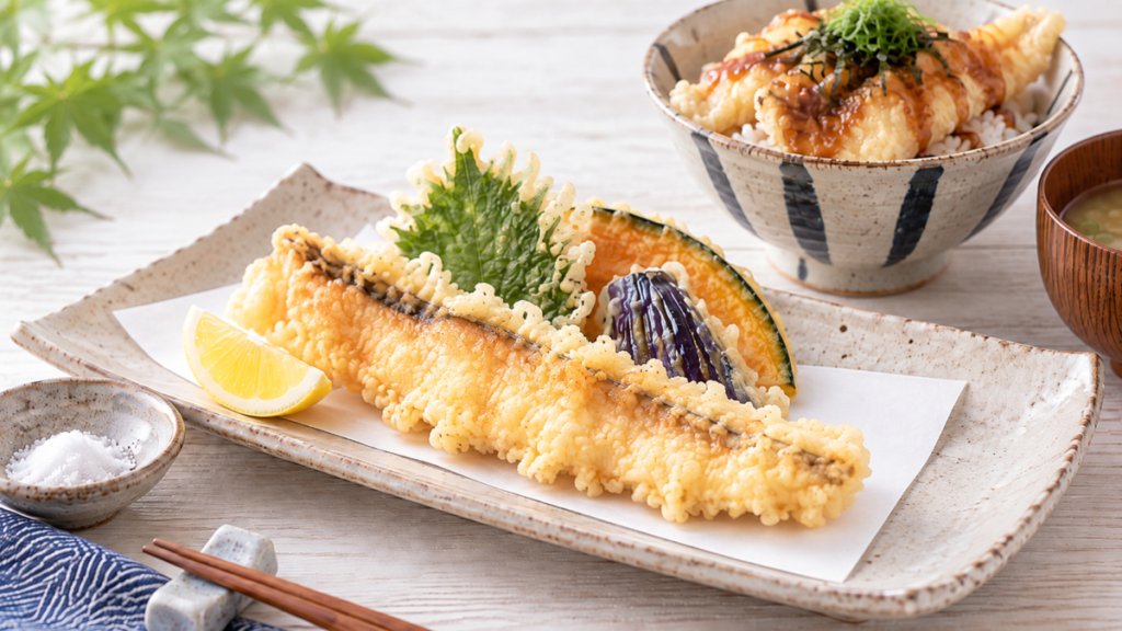 長いアナゴの天ぷらとアナゴ天丼を一緒に並べた料理写真