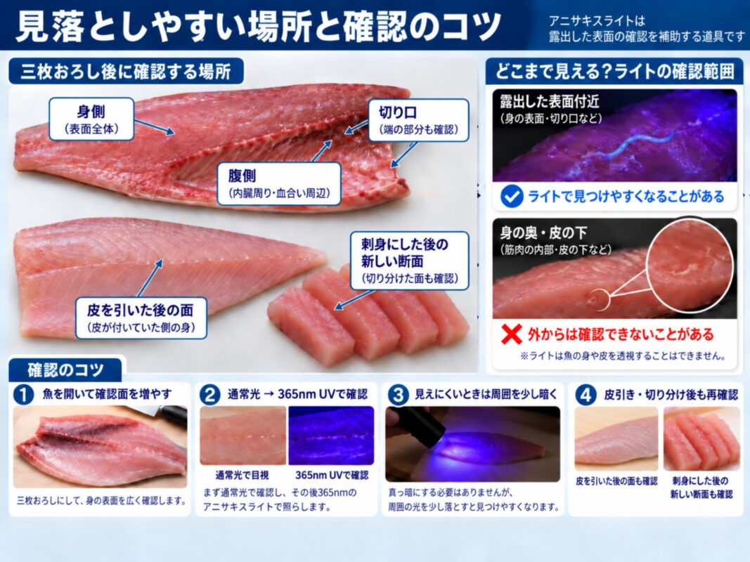 アニサキスの見落としやすい場所と確認のコツ。身側・腹側・切り口・皮を引いた後の面を確認し、ライトで見える範囲と見えない範囲を解説