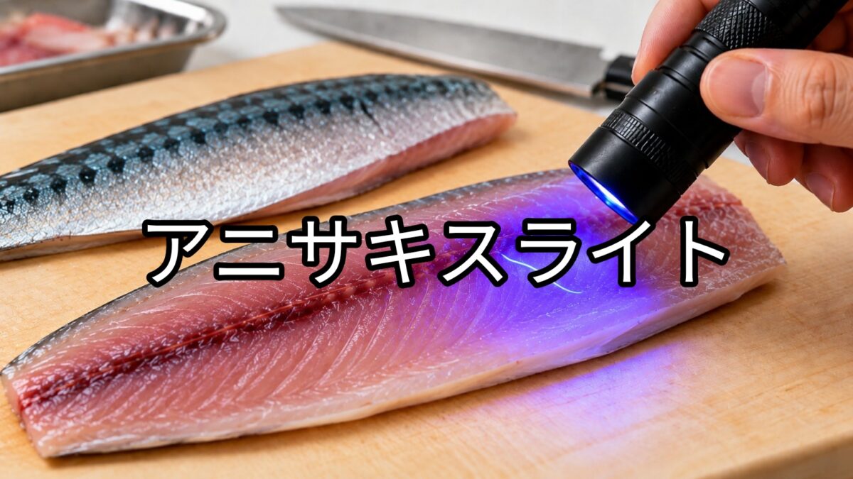 アニサキスライトのアイキャッチ画像。まな板の上の魚の身をアニサキスライトで照射する様子を表現。