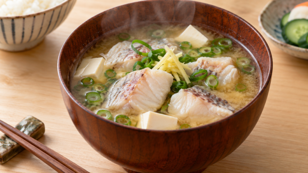 ベラの身と豆腐、青ねぎ、しょうがを入れた味噌汁の料理写真