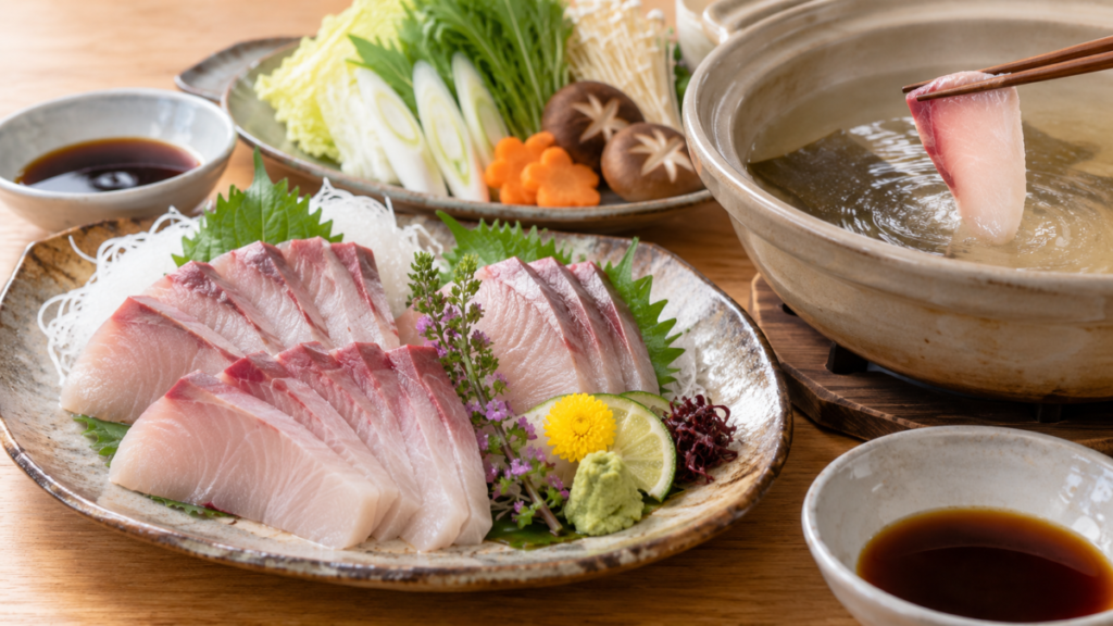 ブリの刺身を大葉や大根のつまと盛り付け、奥に野菜入りの土鍋とブリしゃぶを配置した料理写真