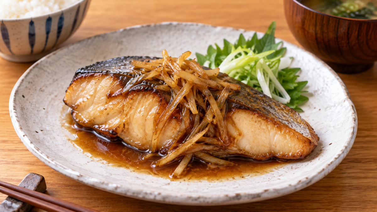 皮付きのブリの切り身をしょうが入りの甘辛だれで焼き、千切りしょうがと青ねぎを添えた料理写真