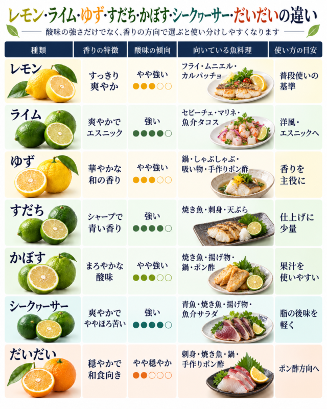 レモン、ライム、ゆず、すだち、かぼす、シークヮーサー、だいだいの香り・酸味・向いている魚料理を比較した図解