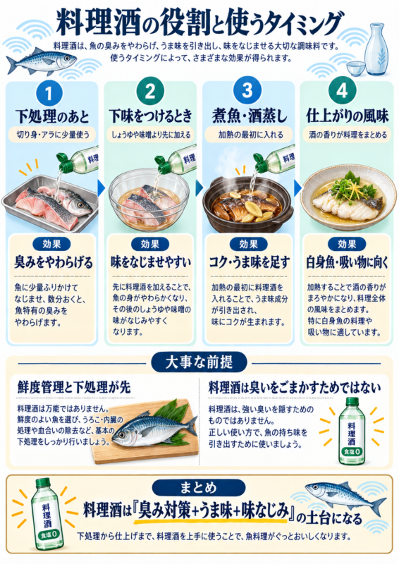 魚の下処理・下味・煮魚や酒蒸しで料理酒を使うタイミングと効果を示した図解