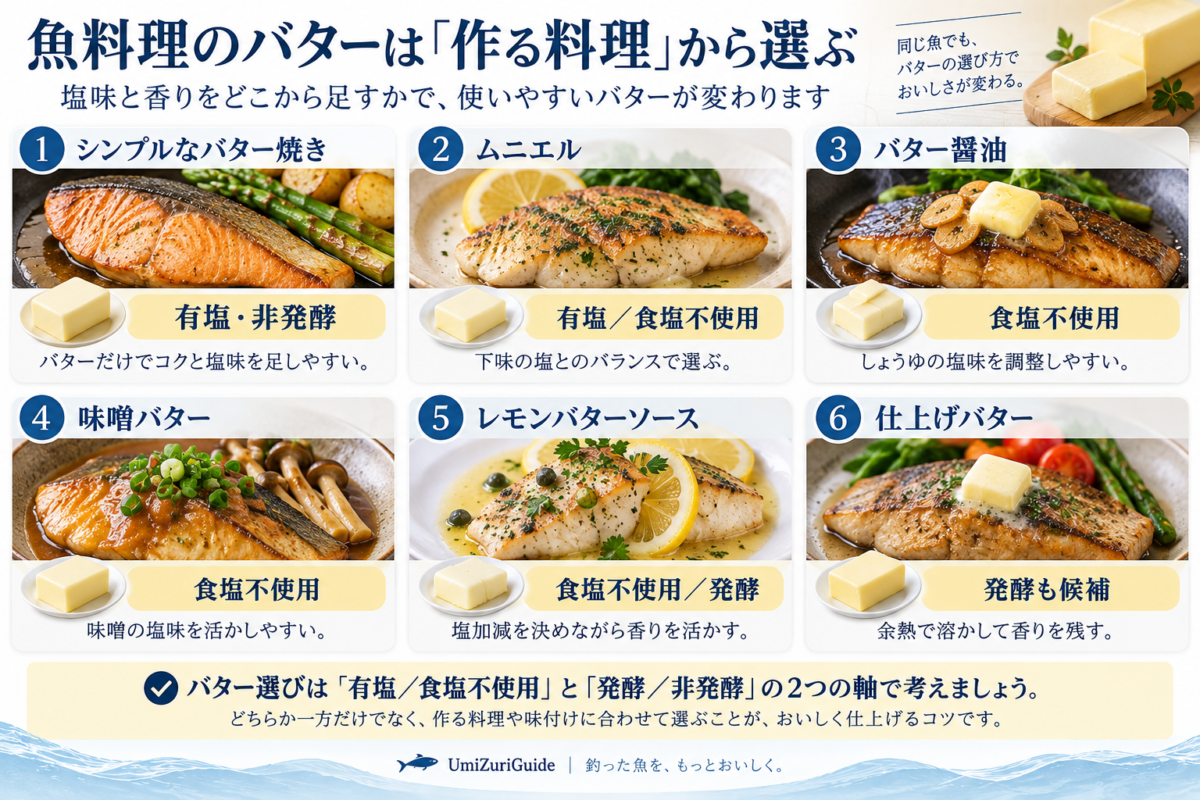 バター焼き・ムニエル・バター醤油・味噌バター・レモンバターソース・ホイル焼きなど、魚料理別に適したバターを示した選び方ガイド