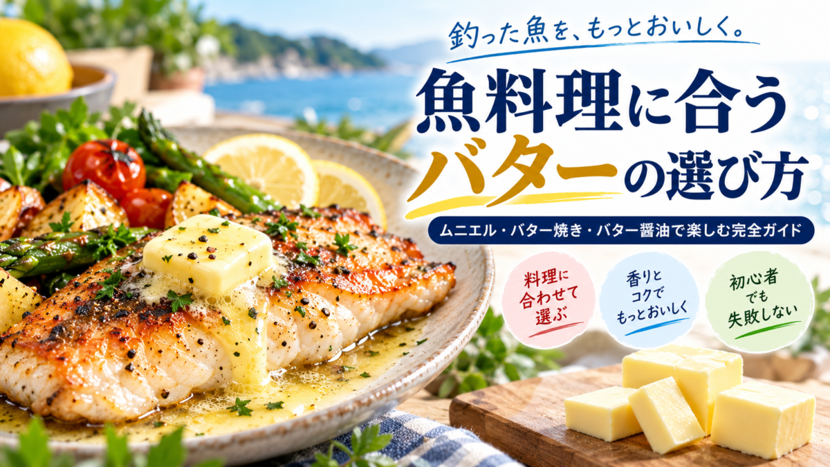 バターをのせた魚料理とレモンや野菜を盛り付け、魚料理に合うバターの選び方を紹介するアイキャッチ画像