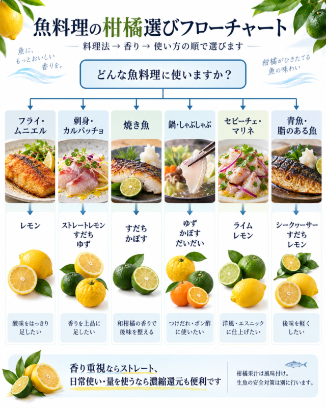 揚げ物、刺身、焼き魚、鍋、セビーチェ、青魚など料理法からレモンや和柑橘を選ぶフローチャート