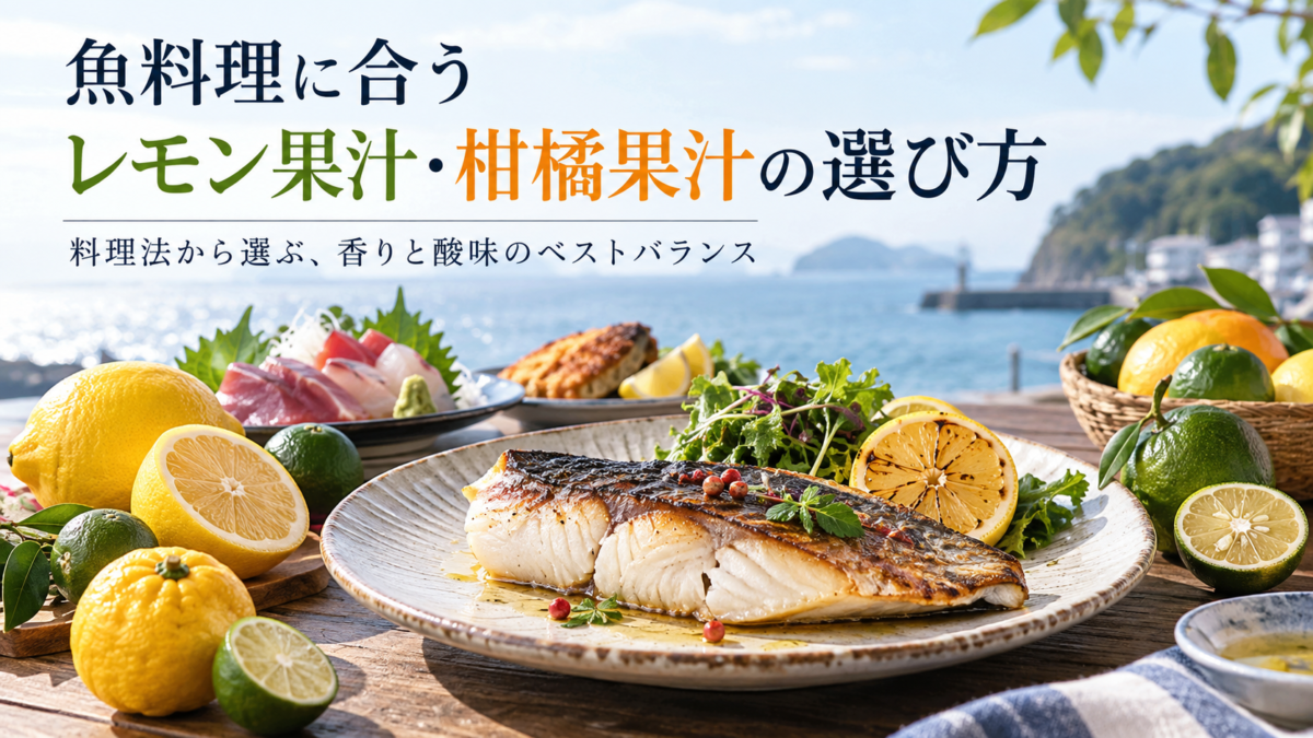 焼いた魚の切り身とレモン、すだち、かぼすなどの柑橘を並べた魚料理向けレモン果汁・柑橘果汁の選び方アイキャッチ