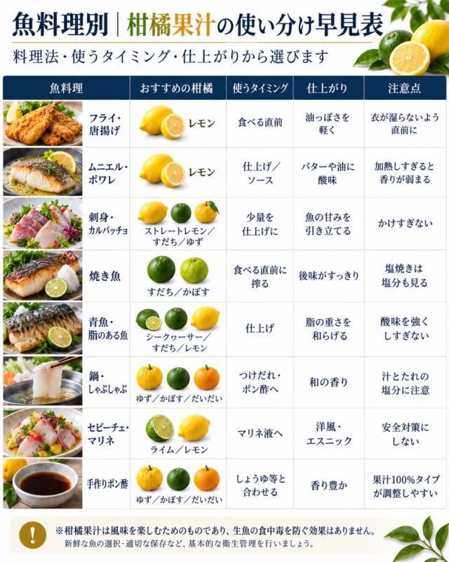 フライ、ムニエル、刺身、焼き魚、青魚、鍋、セビーチェなど魚料理別におすすめの柑橘果汁と使い方を比較した早見表