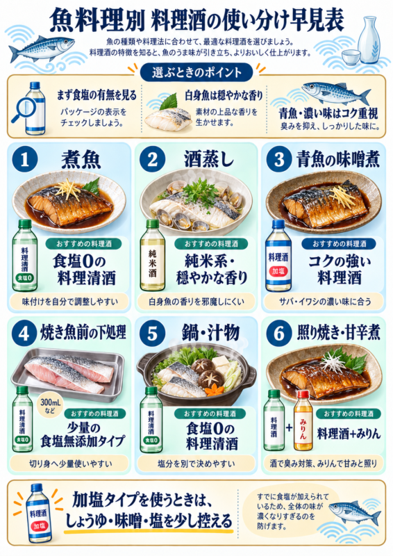 魚料理別に煮魚・酒蒸し・味噌煮・下処理・鍋・照り焼きで使う料理酒を比較した早見表