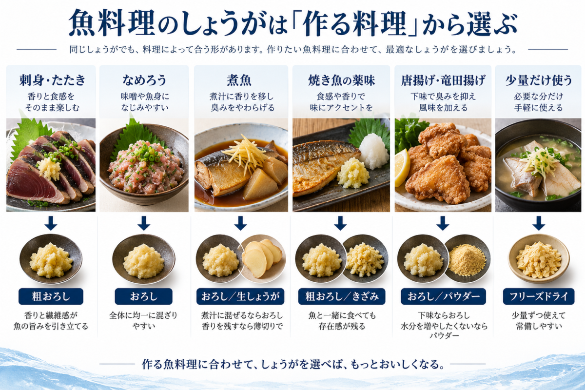 刺身・たたき、なめろう、煮魚、焼き魚、唐揚げなど魚料理別に適したしょうがの形を示した選び方ガイド