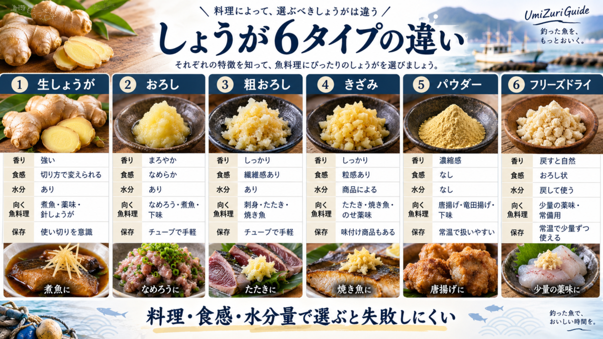 生しょうが・おろし・粗おろし・きざみ・パウダー・フリーズドライの特徴と向く魚料理を比較した図解