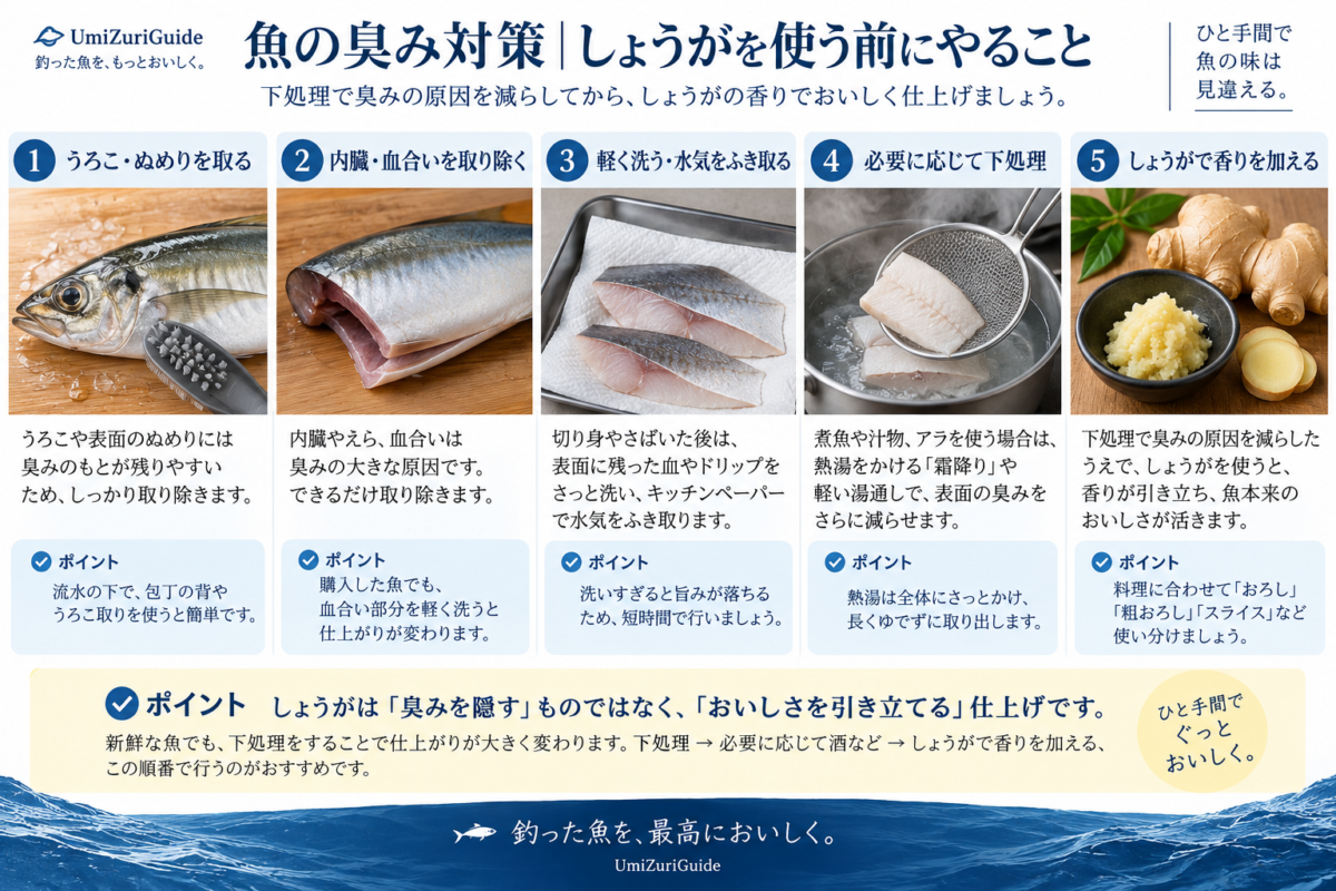 うろこやぬめり、水分、内臓や血合いなどを処理してから必要に応じて下ごしらえを行い、最後にしょうがで香りを加える流れを示した図解