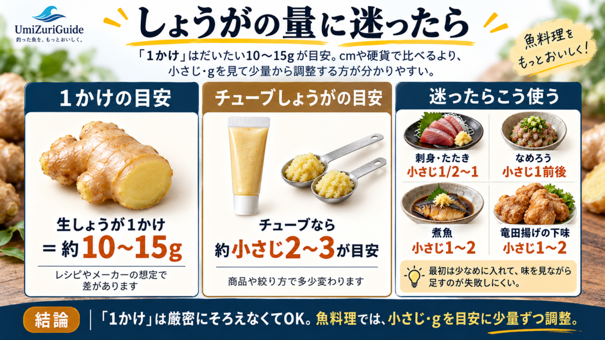 生しょうが1かけ約10〜15gとチューブしょうが小さじ2〜3を目安に、魚料理では少量から調整する方法を示した図解