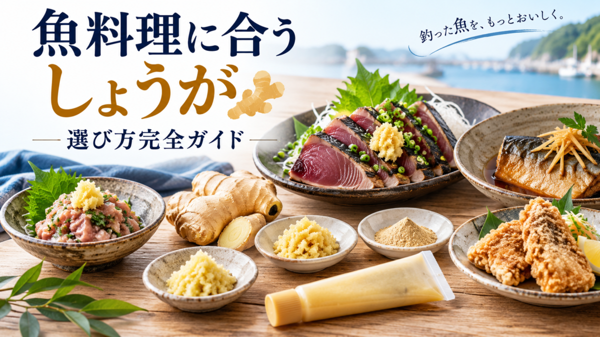 刺身・たたき、なめろう、煮魚、唐揚げなどの魚料理と、生しょうが・おろししょうが・しょうがパウダーを並べたアイキャッチ画像