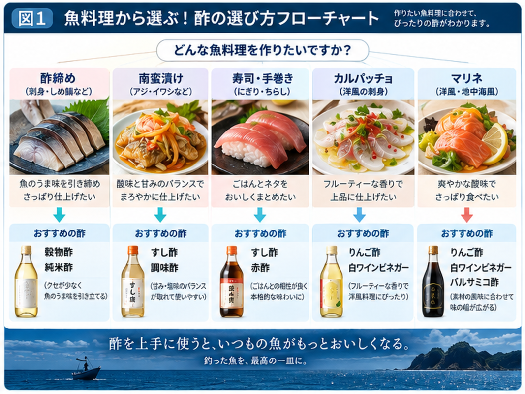 酢締め・南蛮漬け・寿司・カルパッチョ・マリネなど、魚料理別に適した酢を選ぶフローチャート