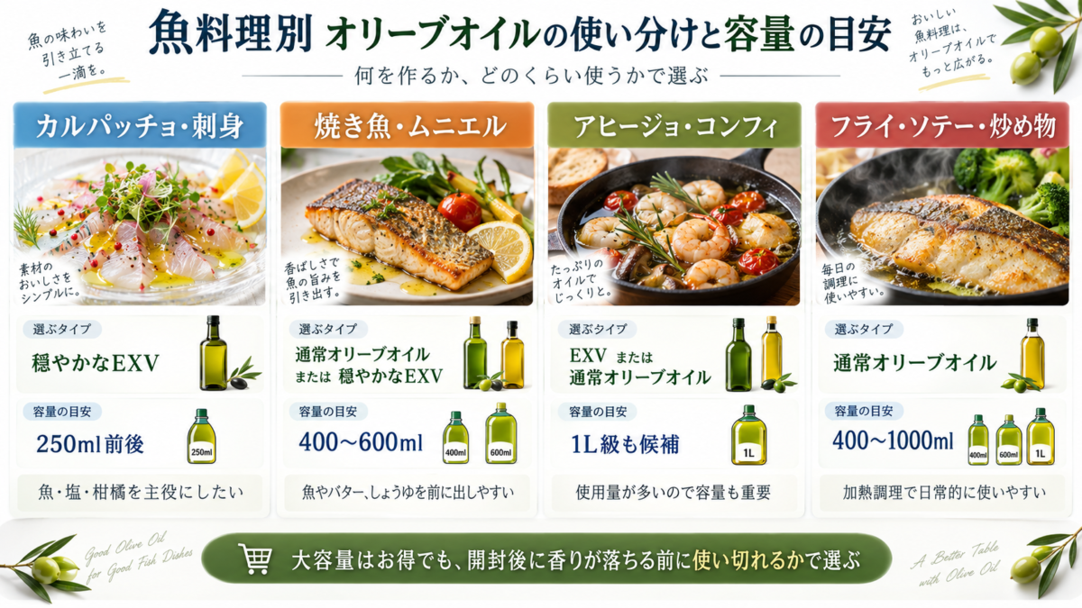 カルパッチョ・刺身、焼き魚・ムニエル、アヒージョ・コンフィ、フライ・ソテーで使うオリーブオイルの種類と容量の目安を示した図解