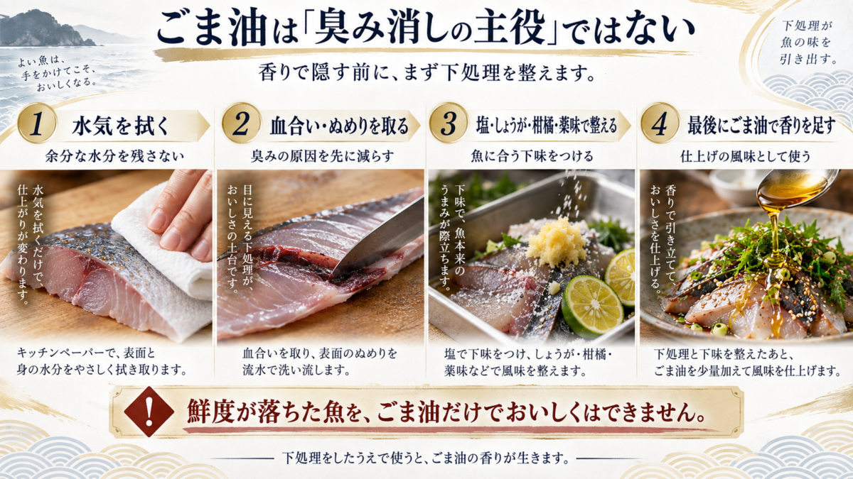 魚の水気・血合い・ぬめりを処理し、塩や薬味で整えた後にごま油で香りを足す手順を示した図解