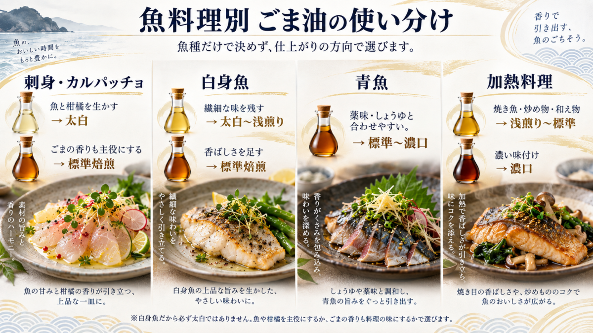 刺身・カルパッチョ・白身魚・青魚・加熱料理で、ごま油をどう使い分けるかを示した図解