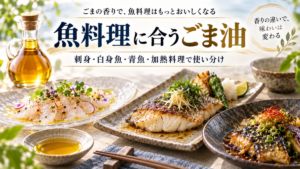 魚料理に合うごま油をテーマに、刺身・白身魚・青魚・加熱料理とごま油を並べたアイキャッチ画像