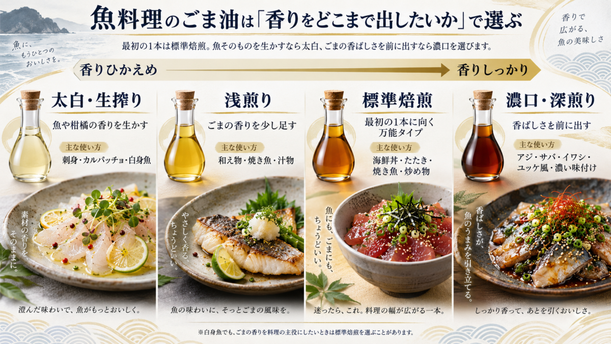 太白・浅煎り・標準焙煎・濃口のごま油を香りの強さと魚料理別に比較した選び方ガイド