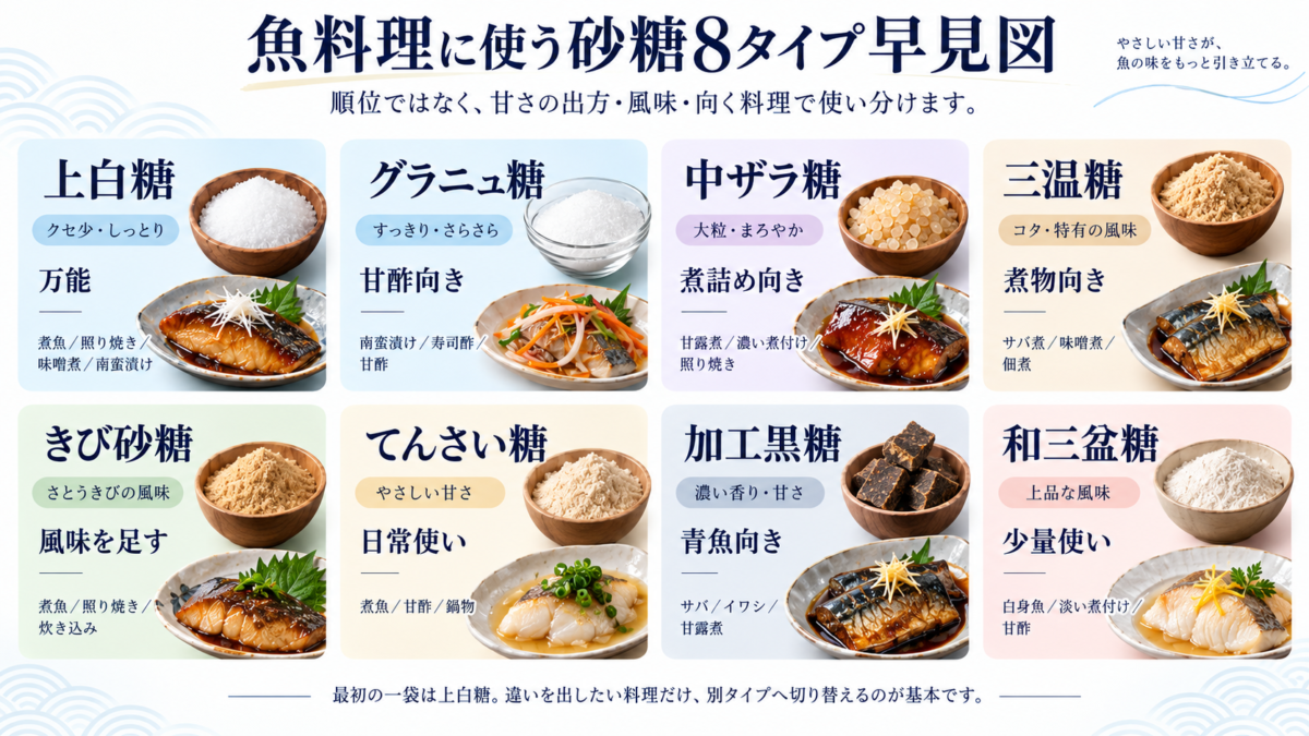 魚料理に使う上白糖・グラニュ糖・中ザラ糖・三温糖・きび砂糖・てんさい糖・加工黒糖・和三盆糖の特徴と向く料理を比較した早見図