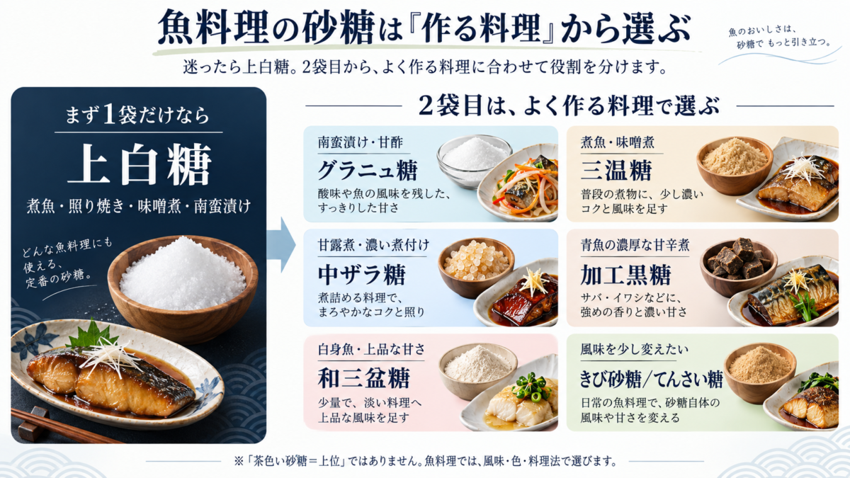 最初の一袋は上白糖とし、南蛮漬け・煮魚・甘露煮・青魚料理など料理別に砂糖を選ぶ流れを示す図解