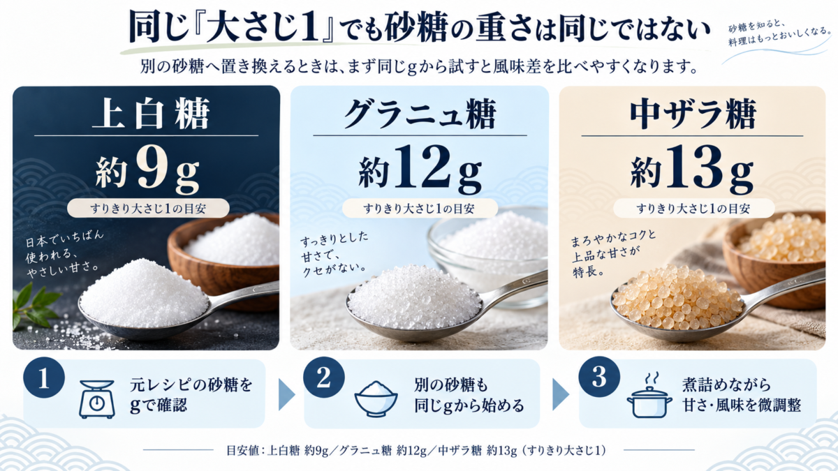上白糖約9g・グラニュ糖約12g・中ザラ糖約13gと、大さじ1あたりの重さの違いと置き換え手順を示す図解