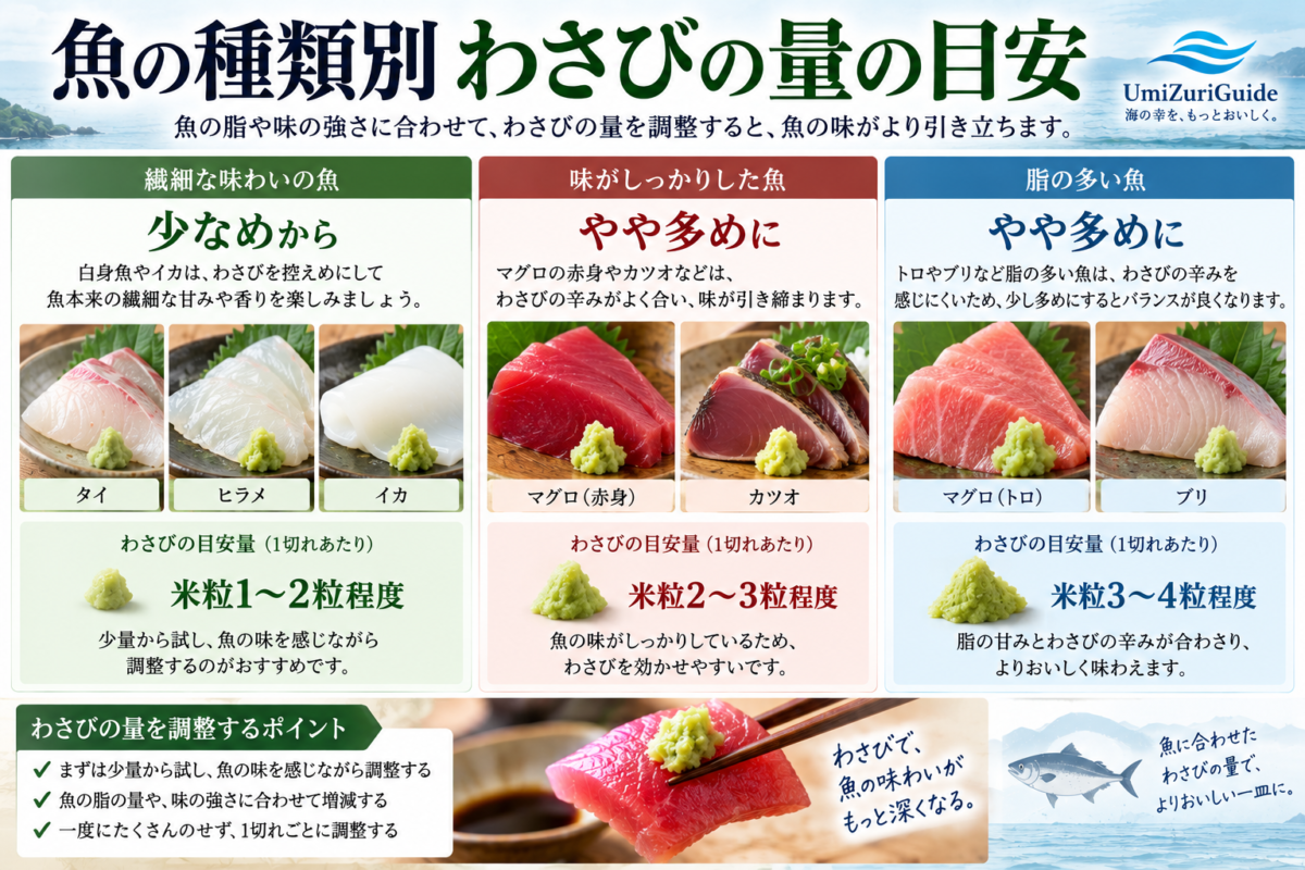 白身魚・赤身魚・脂の多い魚など、魚の種類に合わせたわさびの量の目安を比較した図解