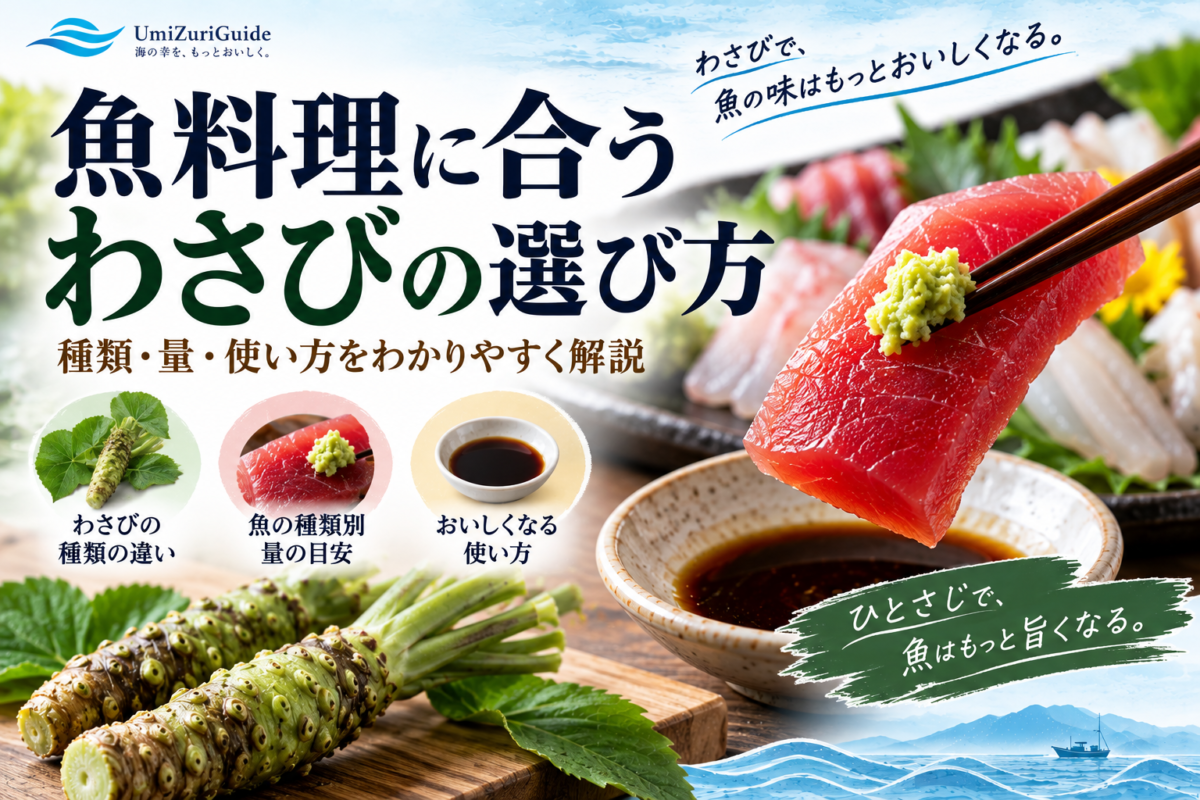 魚料理に合うわさびの選び方をテーマに、本わさび・刺身・しょうゆとわさびの使い方を示したアイキャッチ画像