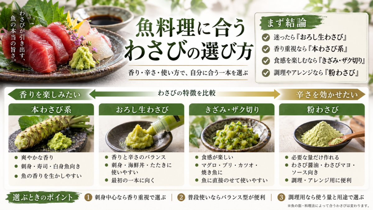 本わさび・おろし生わさび・きざみわさび・粉わさびを、香り・辛さ・使い方で比較した魚料理向けの選び方図解