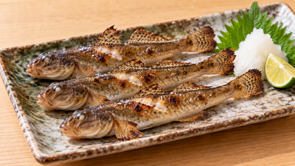小ぶりのハゼを丸ごと香ばしく焼き、大葉、大根おろし、すだちを添えた塩焼きの料理写真