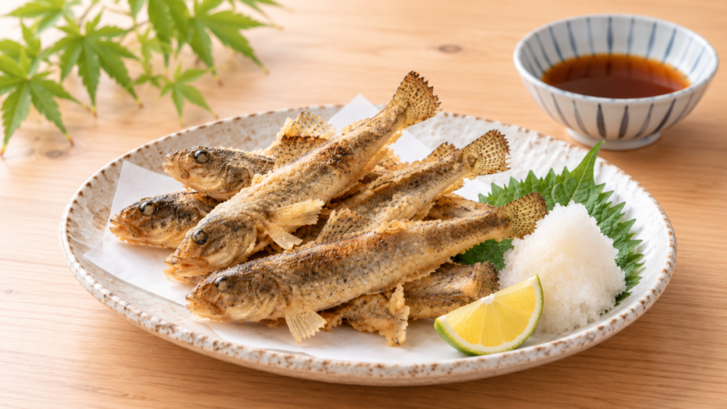 小ぶりのハゼを衣を付けずにカリッと素揚げにし、大葉、大根おろし、レモンを添えた料理写真