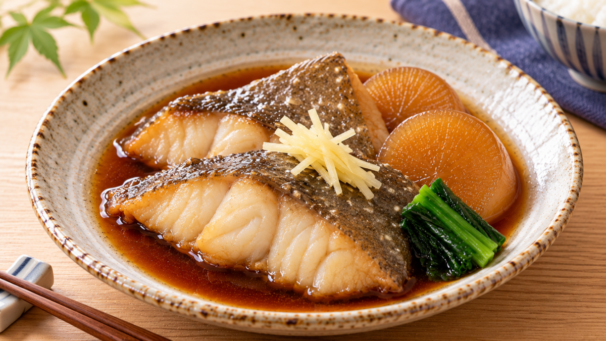 ヒラメの皮付き切り身を大根、青菜、針しょうがと甘辛く煮付けた料理写真