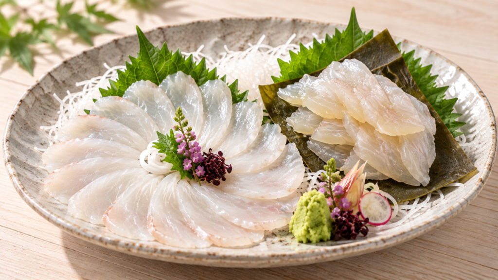 ヒラメの薄造りと昆布締めを大葉、大根のつま、わさび、薬味と盛り付けた料理写真