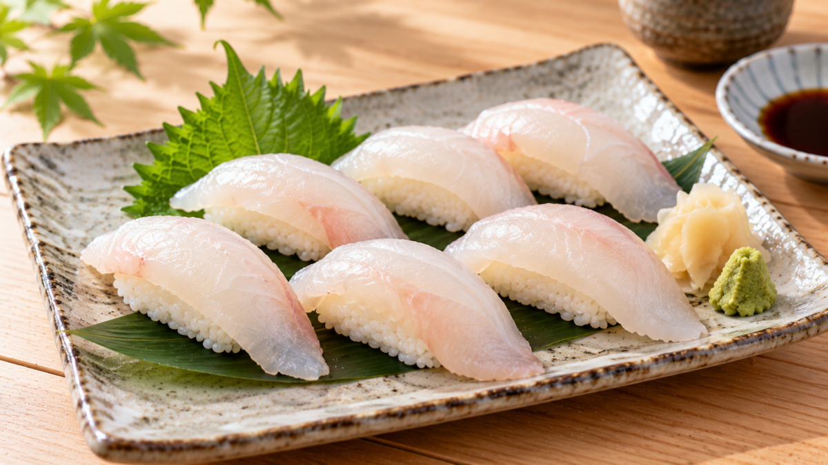 ヒラメの白身を酢飯にのせた握り寿司を大葉、わさび、甘酢しょうがと盛り付けた料理写真