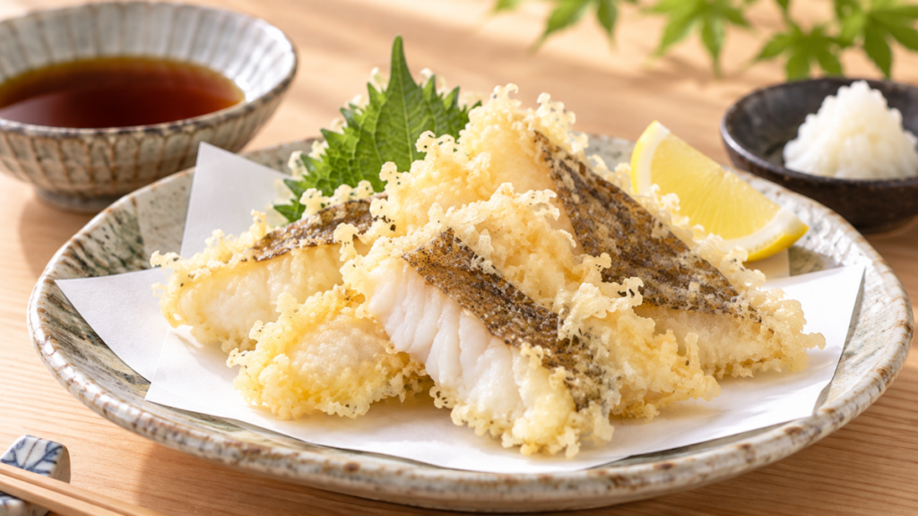ヒラメの切り身を薄い衣で揚げ、大葉の天ぷら、レモン、大根おろしと盛り付けた料理写真