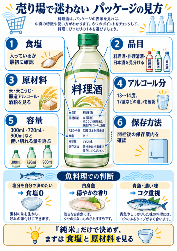 料理酒の食塩・品目・原材料・アルコール分・容量・保存方法の確認ポイントを示した図解